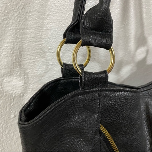 Black Vinyl Handbag Purse Bejeweled Zipper Gold Hardware Bag Double Handles - Picture 7 of 16